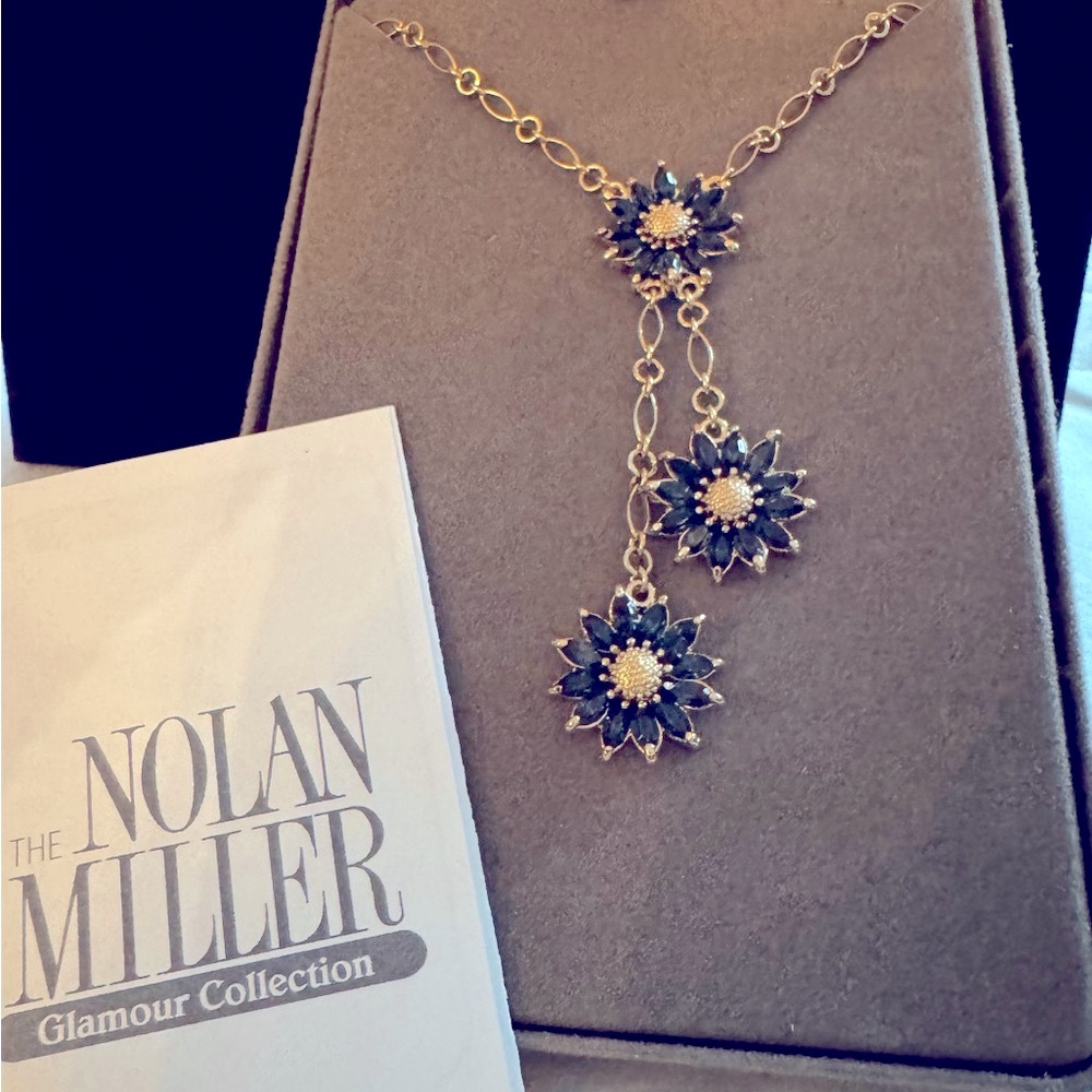 Nolan Miller Gold Trois Fleur Necklace w/ Sapphire Blue Crystals on Starbursts